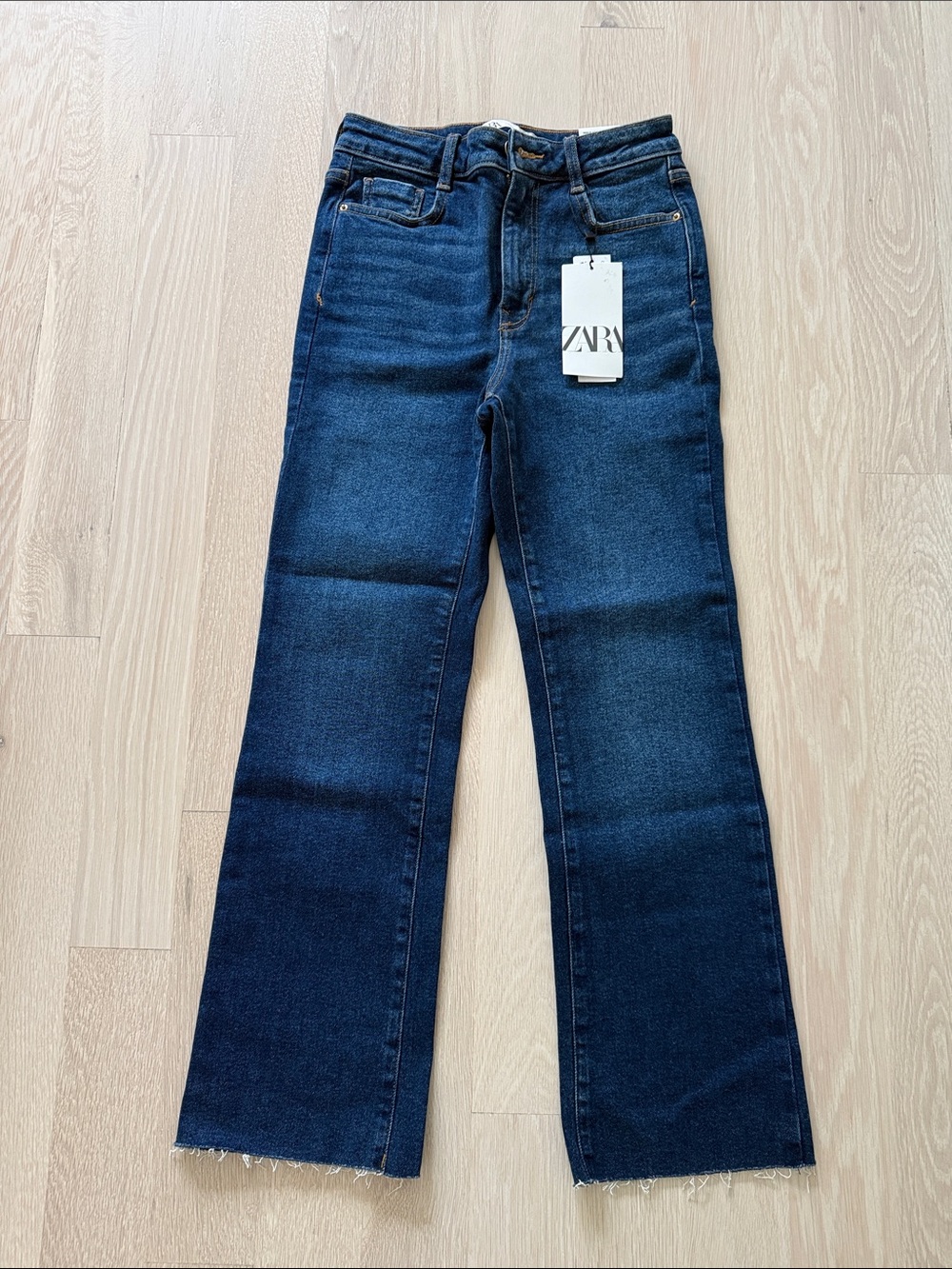 Zara Dark Blue Boot-Cut Jeans with Raw Hem
